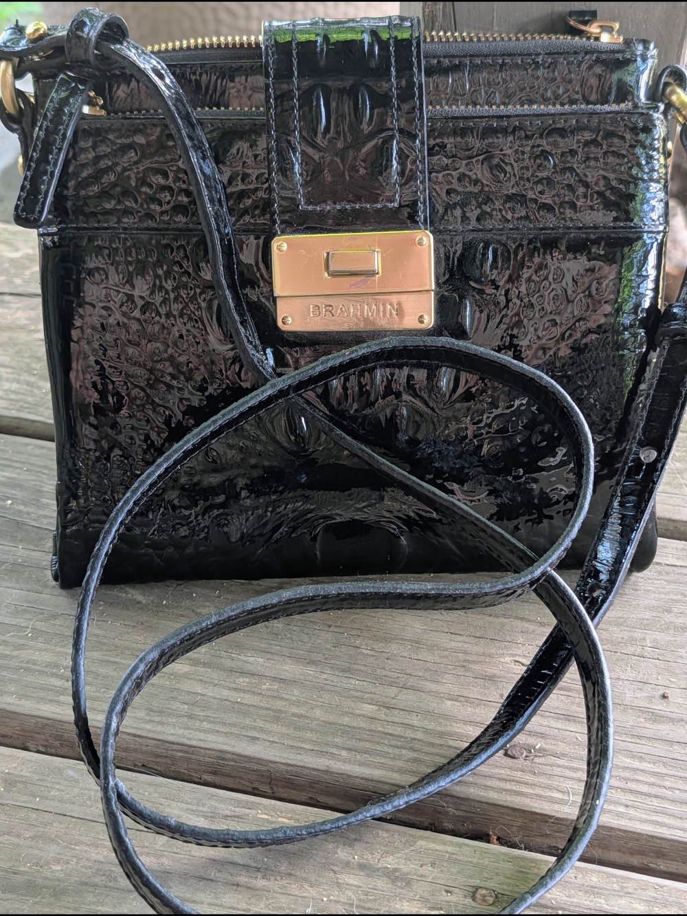 Brahmin Black Patent Croc-Embossed Crossbody with Gold Plaque